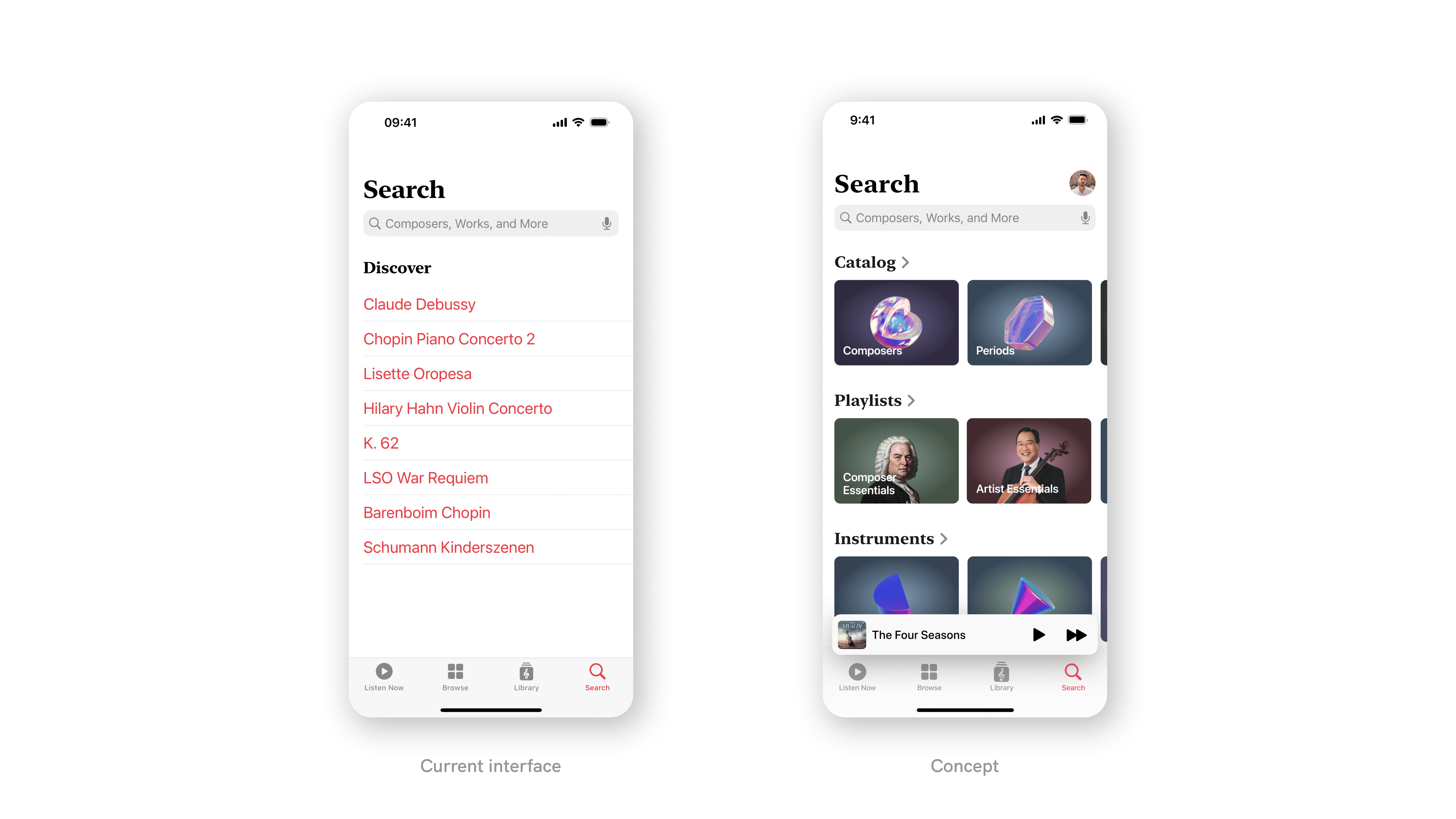 The current Search interface and the proposed concept.